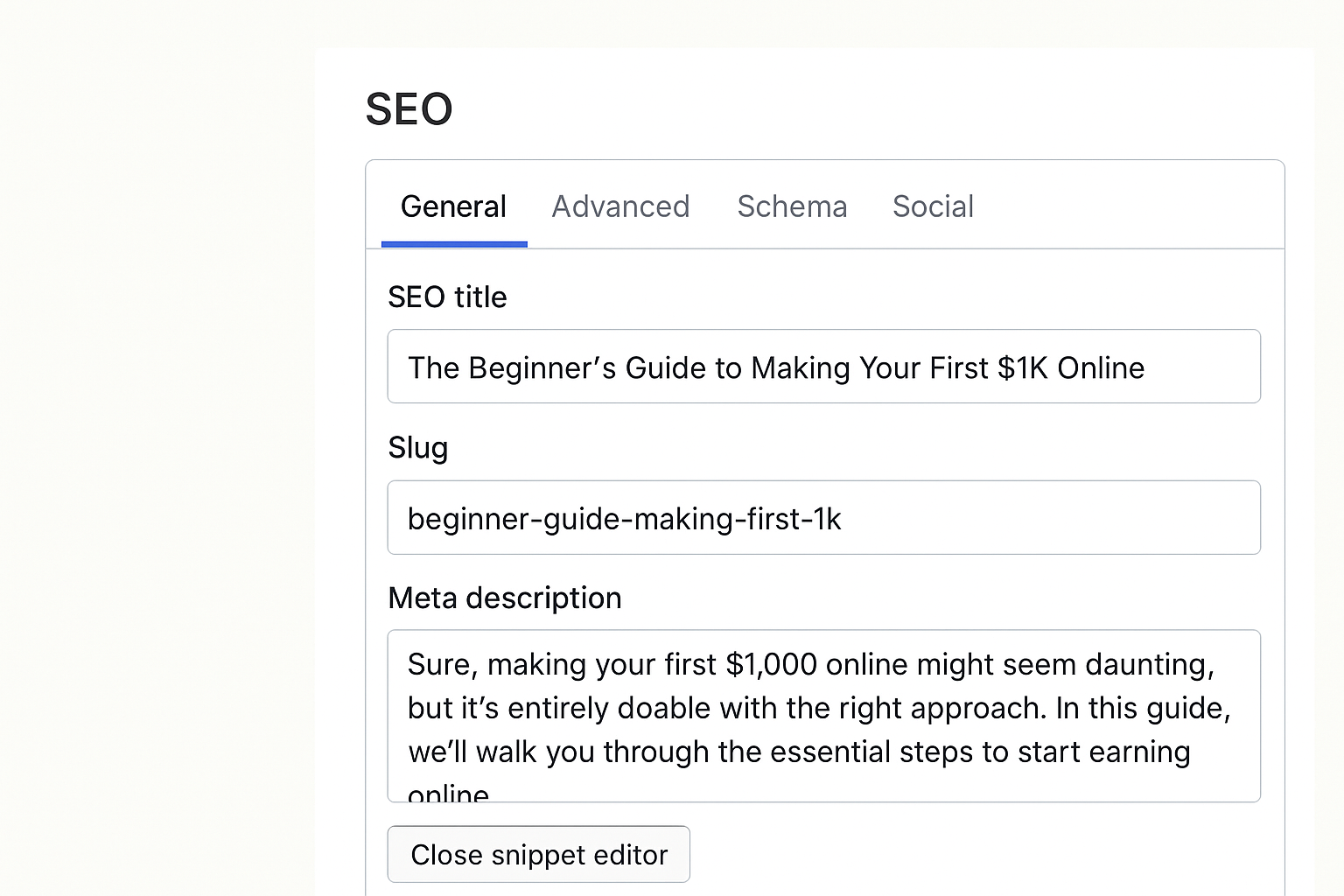 A Screenshot WordPress SEO settings (Yoast or Rank Math)