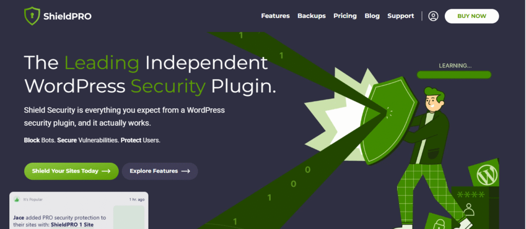 Shield Security plugin dashboard showing automated bot detection and firewall protection for WordPress