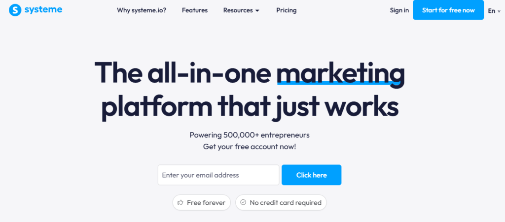 Systeme.io dashboard showing email marketing automation, funnels, and subscriber management for bloggers