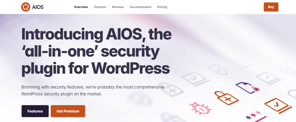 All In One Security plugin dashboard showing security strength meter and protection features for WordPress