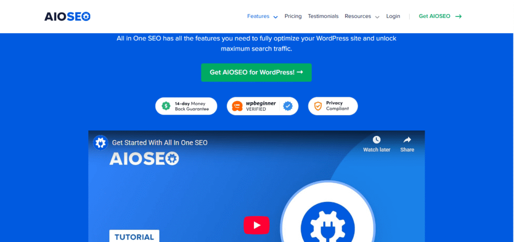 All in One SEO Pack plugin dashboard showing SEO settings, TruSEO score, and optimization recommendations