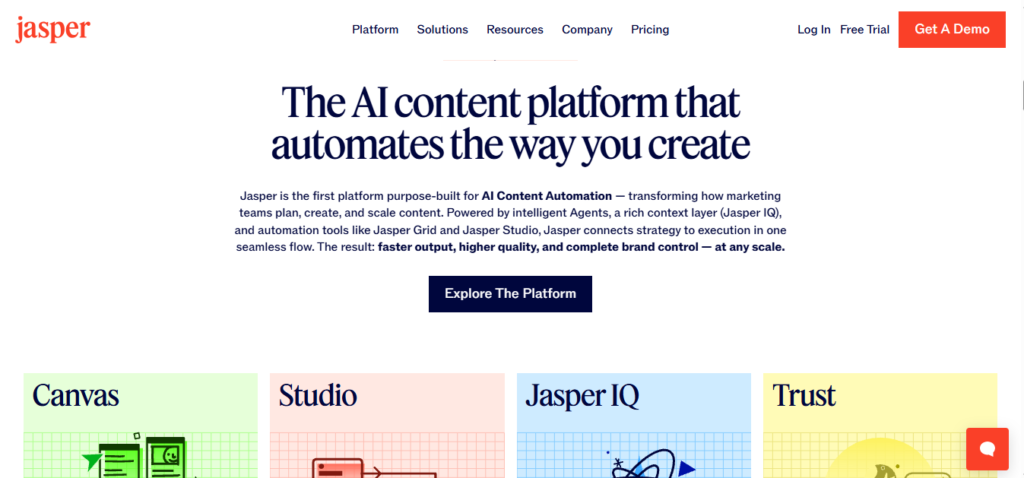 Jasper AI content writing interface with SEO mode showing AI-generated blog content and optimization suggestions
