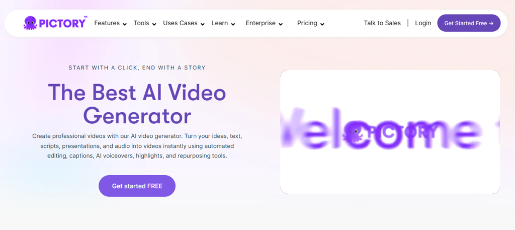 Pictory AI interface showing automatic video creation from blog post text with AI-generated scenes