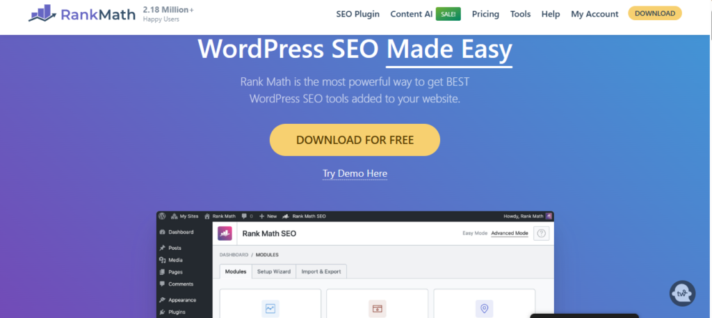 Rank Math SEO plugin showing content optimization score, keyword suggestions, and built-in AI features