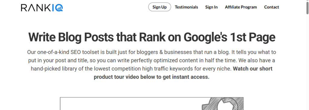 RankIQ dashboard showing low-competition keyword suggestions and search volume data for bloggers