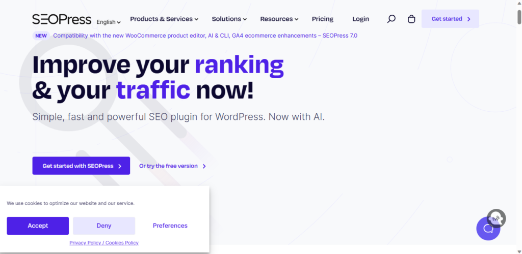 SEOPress plugin dashboard showing white label options, SEO analysis, and agency-friendly features