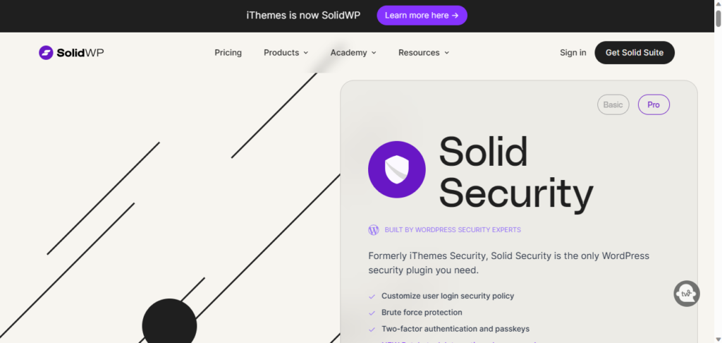 Solid Security plugin dashboard showing security settings and protection features for WordPress sites