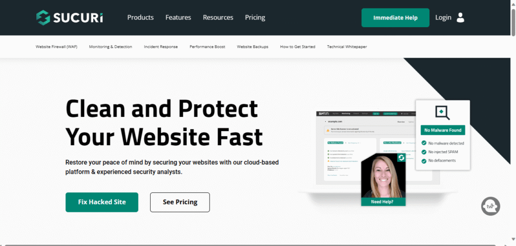 Sucuri Security plugin dashboard showing website firewall and malware scanning interface for WordPress