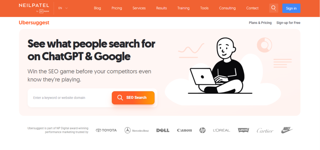 Ubersuggest keyword tool showing search volume, SEO difficulty, and keyword suggestions for content optimization