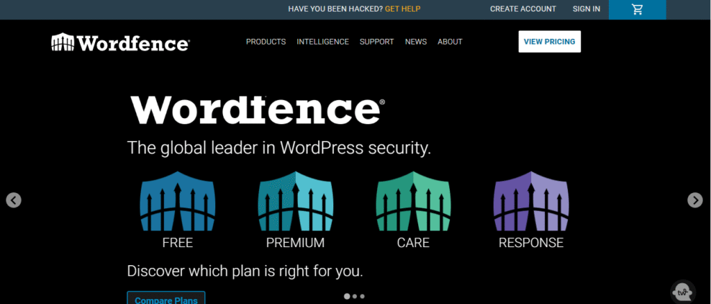 Wordfence Security plugin dashboard showing firewall protection and malware scanning features for WordPress